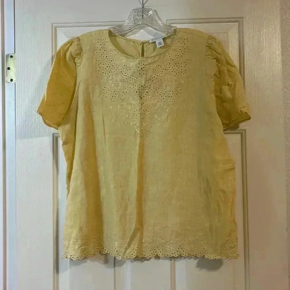 Nordstrom Signature Linen Top Yellow Eyelet Embroidered Top Blouse Large - Picture 5 of 8